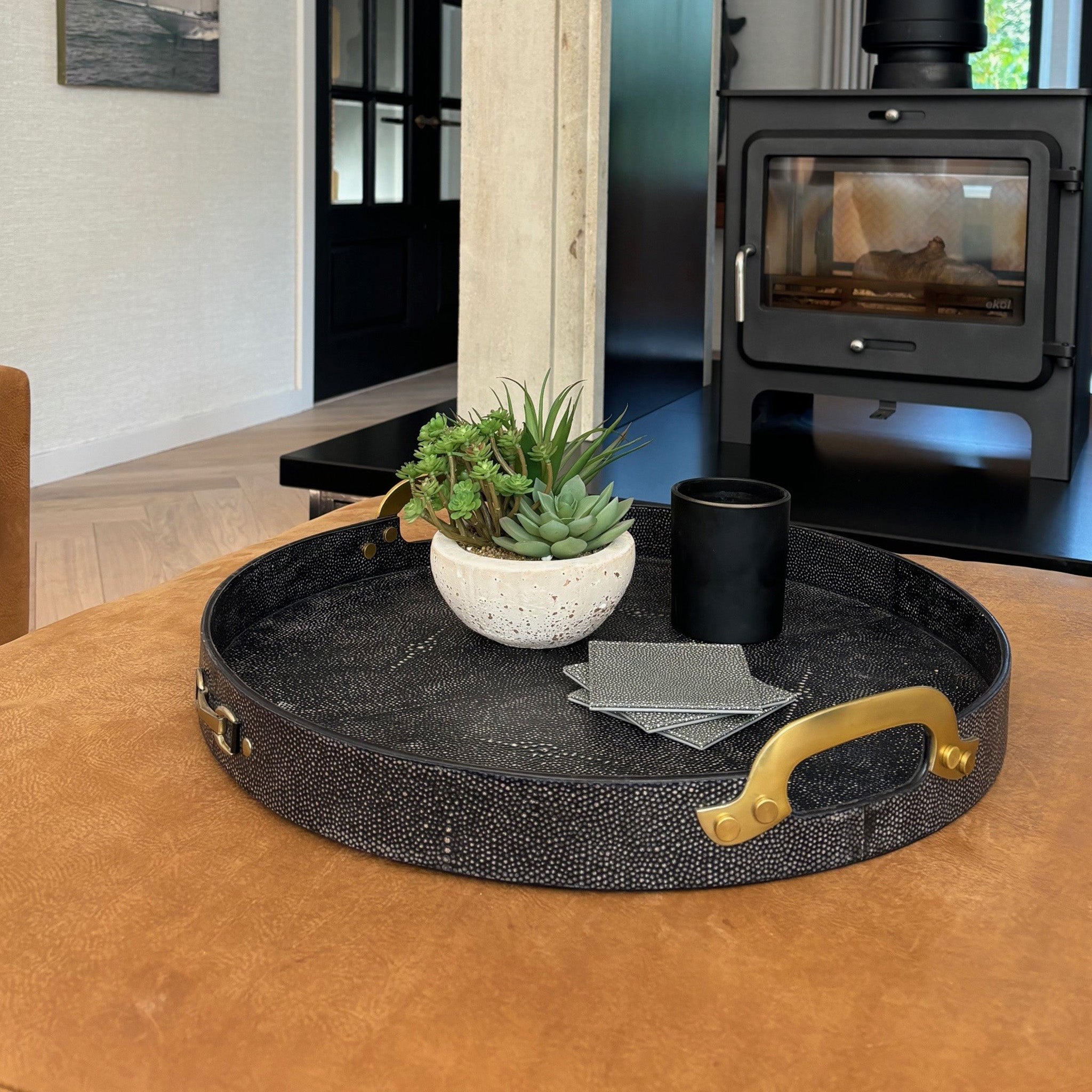 Black Shagreen Tray with Brass Detail